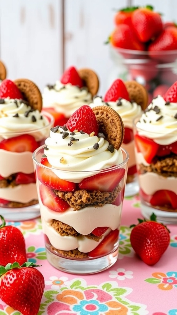 No-bake strawberry shortcake cups with layers of strawberries, cream, and cookies