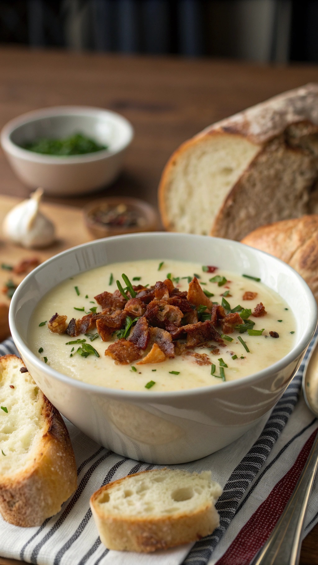 A bowl of creamy potato soup topped with crispy bacon and chives, served with slices of bread.