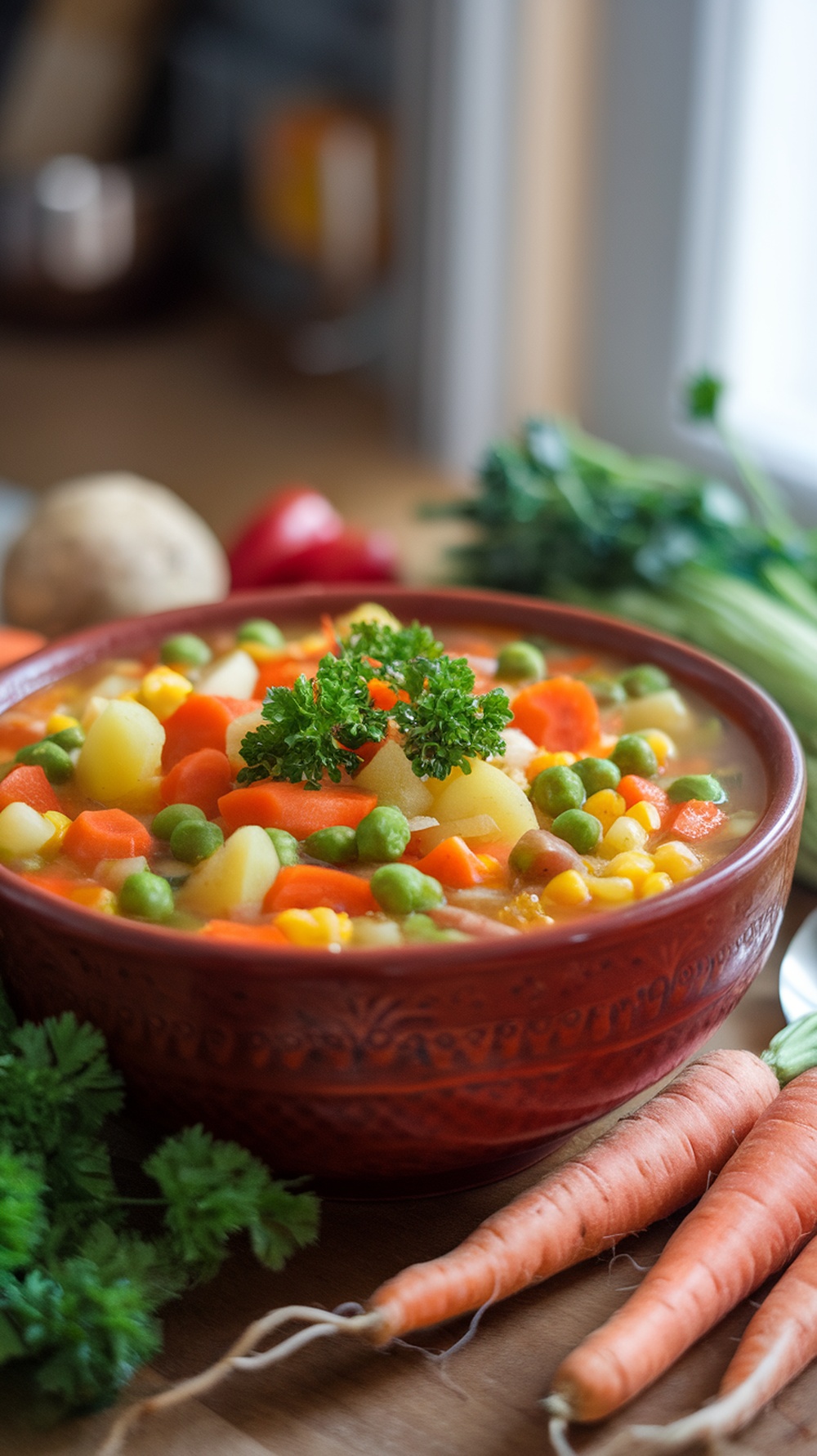 A bowl of colorful vegetable soup surrounded by fresh vegetables.
