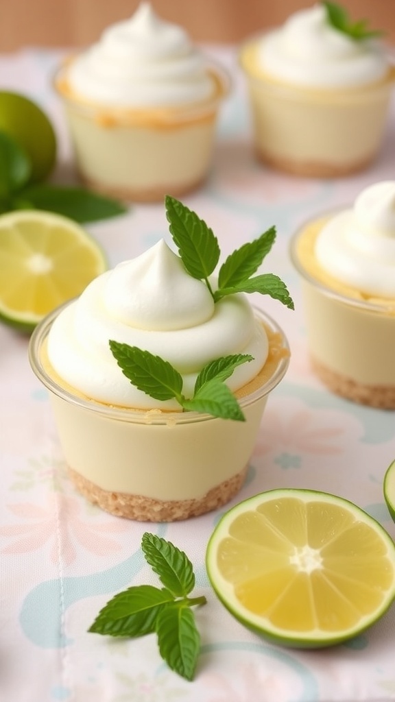 Key lime pie cups with whipped cream and mint leaves