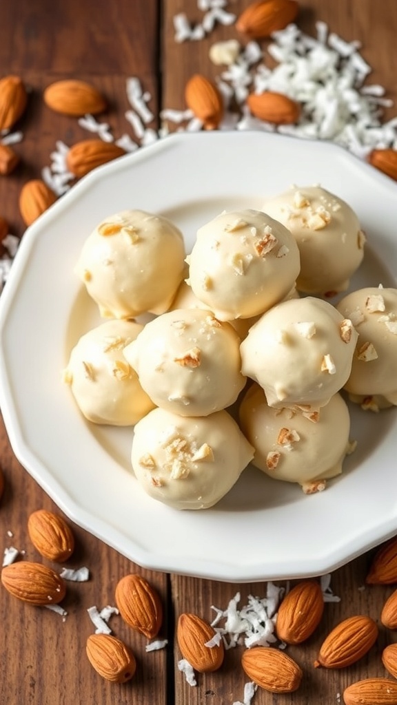 Vanilla Almond Joy Bites on a white plate with almonds and coconut scattered around