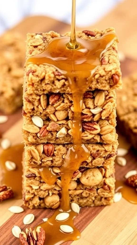 A stack of Maple Almond Granola Bars with maple syrup drizzling over them.