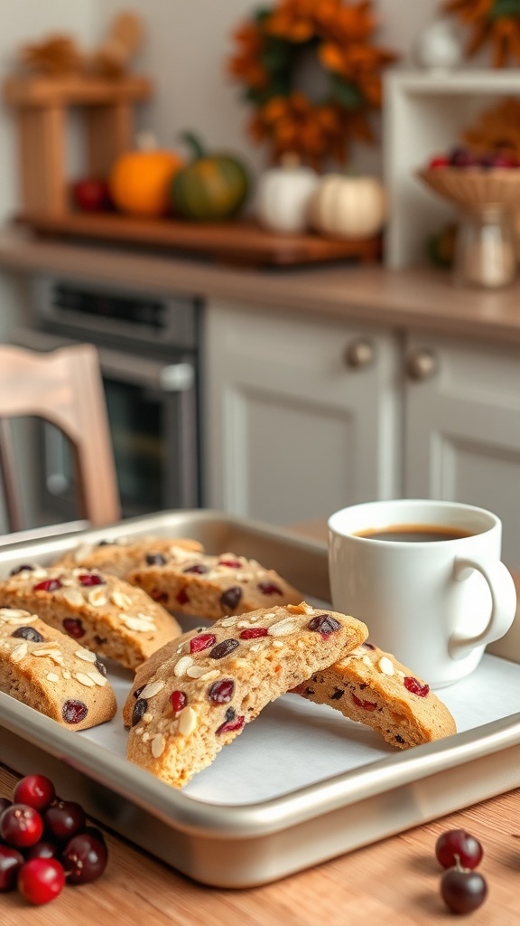 A tray of healthy cranberry almond biscotti with a cup of coffee, set in a cozy kitchen decorated for fall.