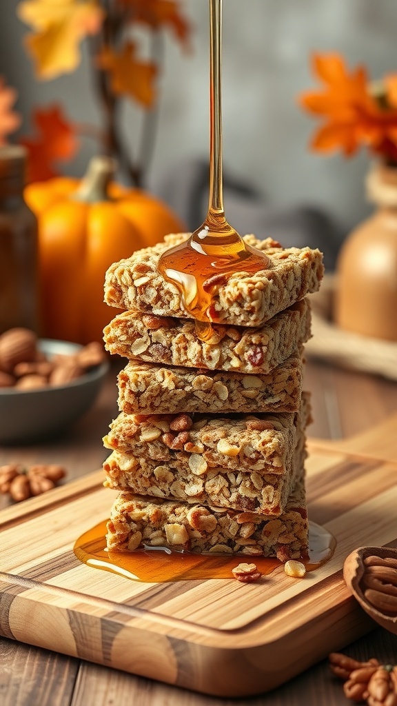 Maple walnut granola bars stacked with maple syrup drizzling over them
