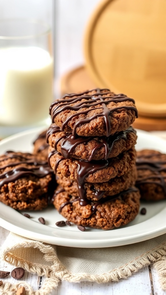 A plate of no-bake chocolate oatmeal cookies drizzled with chocolate, with a glass of milk in the background.