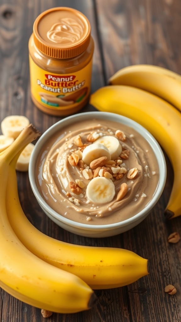 A bowl of peanut butter banana pudding topped with banana slices and peanuts, with bananas and a jar of peanut butter beside it.