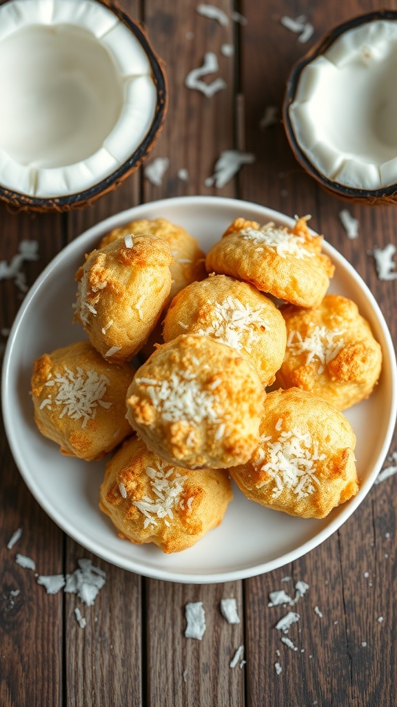 A plate of golden-brown coconut macaroons with shredded coconut on top, surrounded by coconut shells.