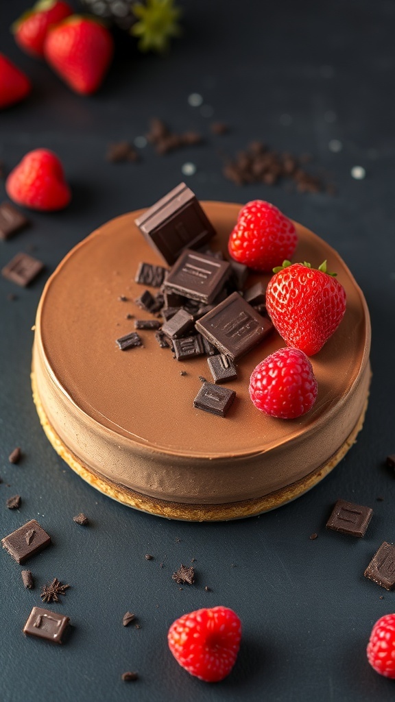 A no-bake chocolate cheesecake topped with raspberries and blueberries on a slate plate.