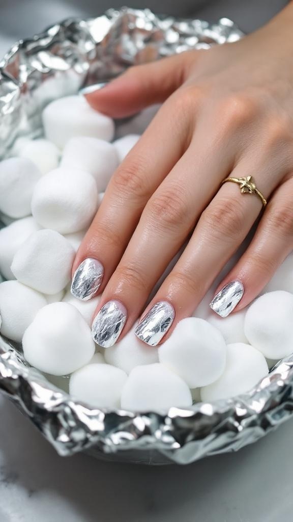 Hands with gel polish wrapped in cotton balls and aluminum foil for safe removal.