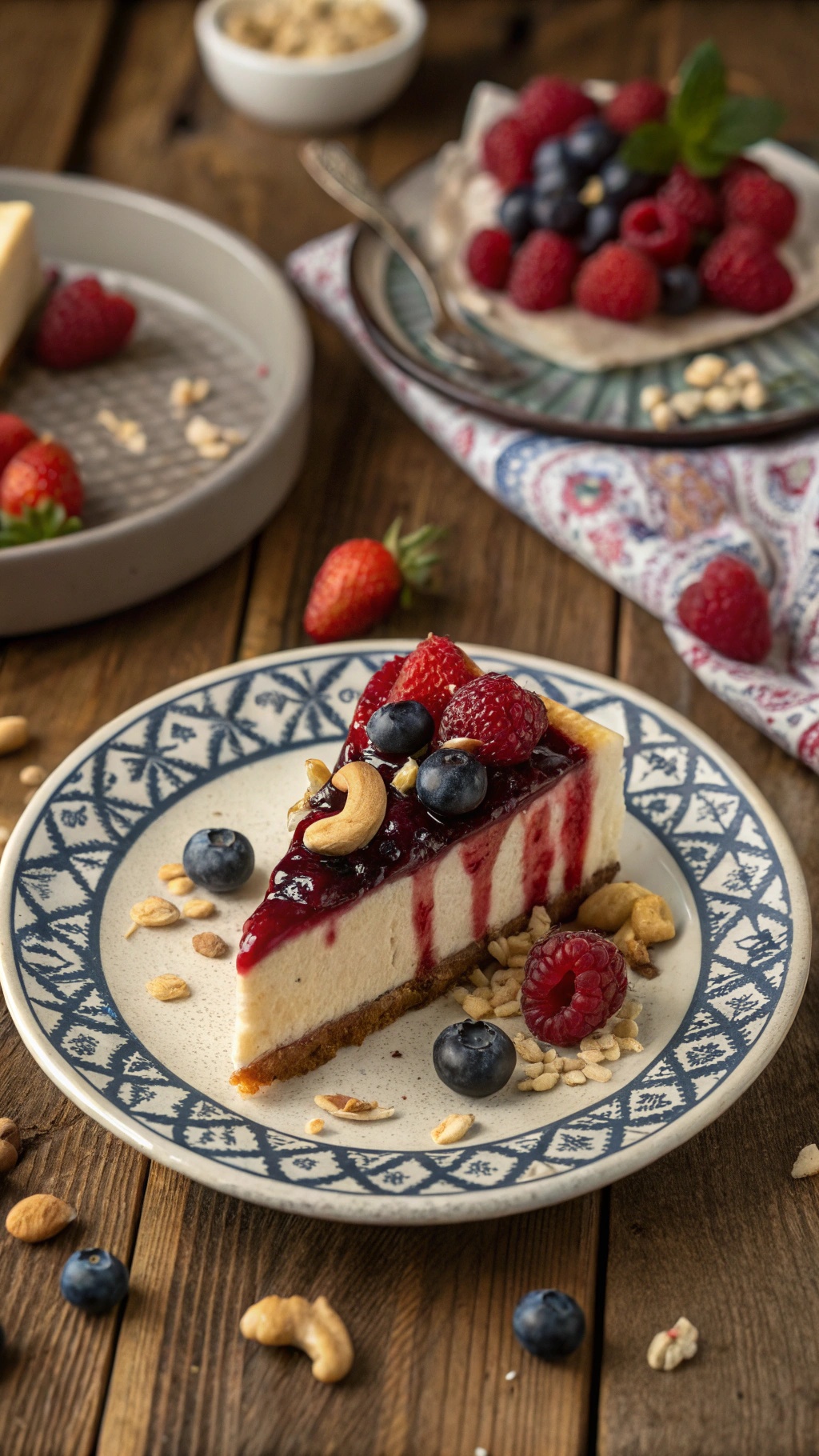 A slice of cashew cheesecake topped with berries on a decorative plate.
