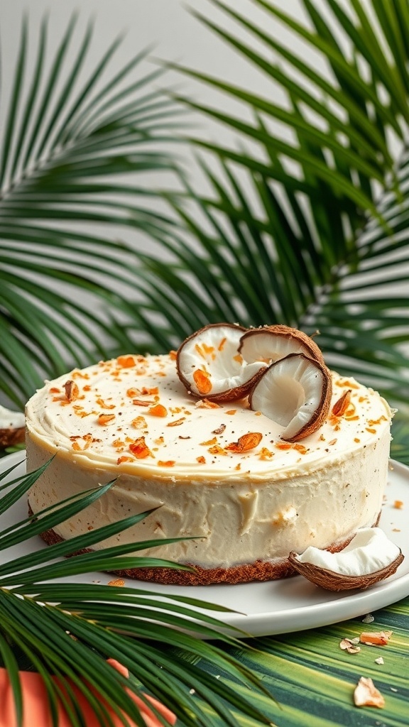 A coconut cream protein cheesecake garnished with coconut shells, set against palm leaves.