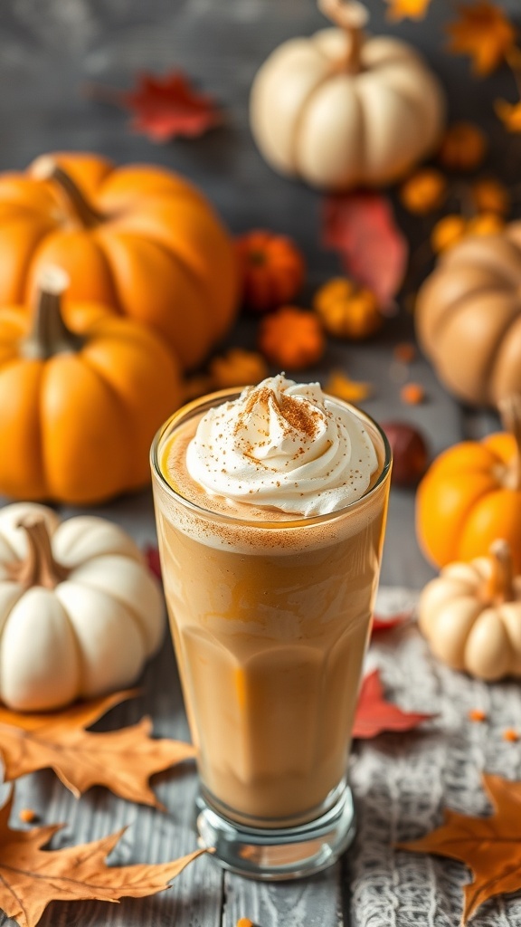 A pumpkin cheesecake smoothie topped with whipped cream and cinnamon, surrounded by pumpkins and autumn leaves.