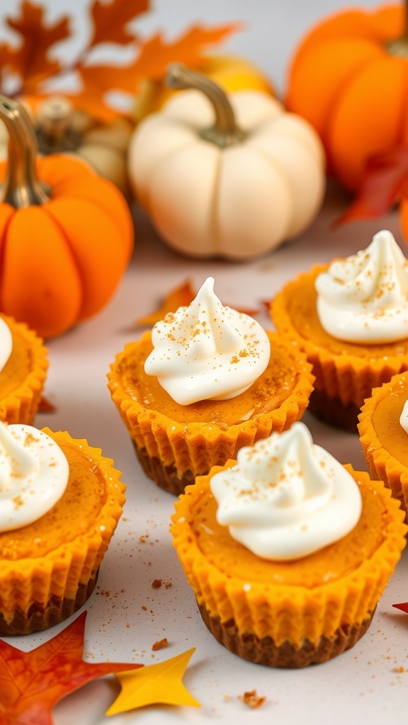 Pumpkin cheesecake bites topped with whipped cream and cinnamon, surrounded by mini pumpkins and autumn leaves.