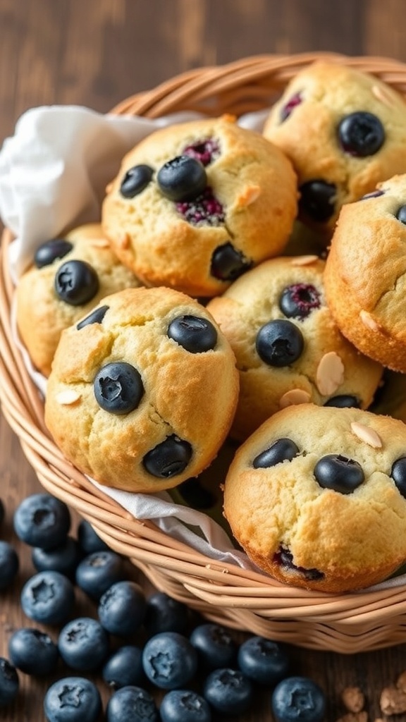 A basket of freshly baked blueberry almond muffins with blueberries scattered around.