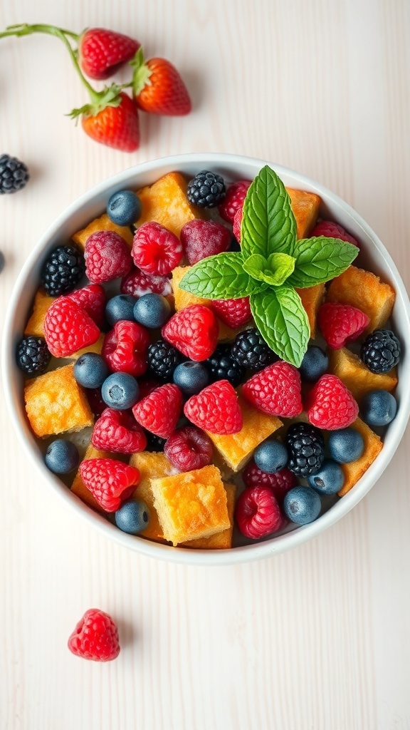 A bowl of berry medley bread pudding with strawberries, blueberries, raspberries, and blackberries topped with mint.