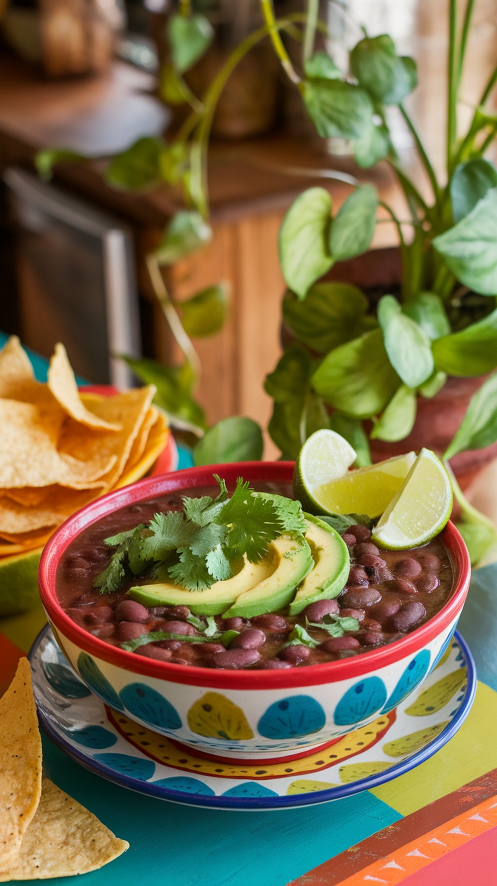 A vibrant bowl of black bean soup topped with avocado and cilantro, served with tortilla chips.
