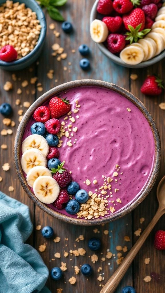 A colorful protein-packed smoothie bowl topped with fresh fruits and granola.