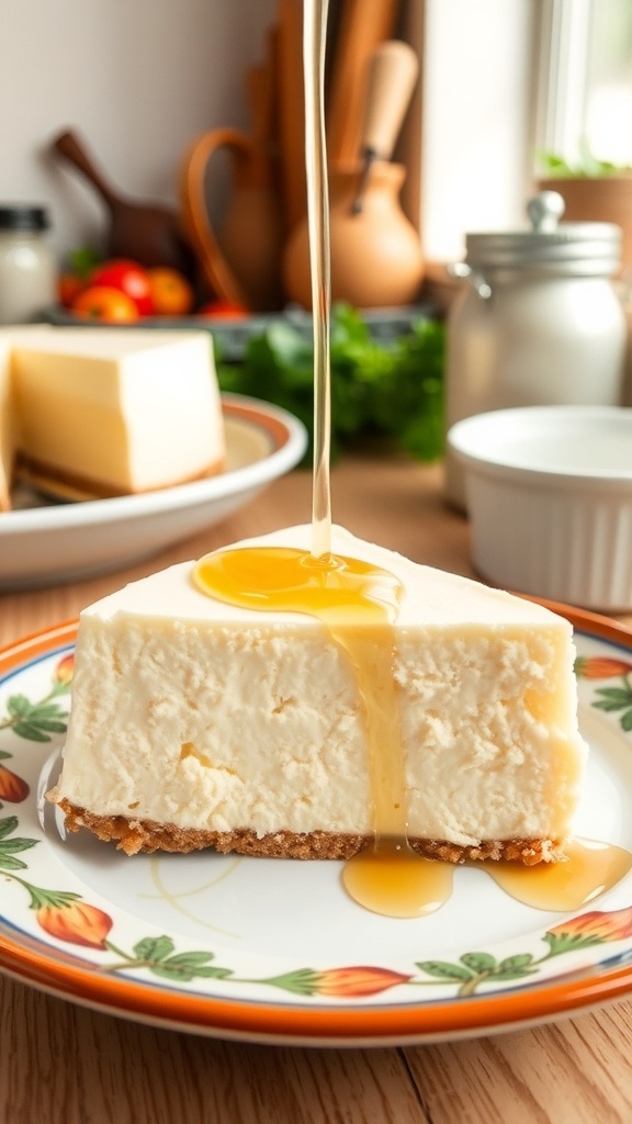 A slice of Greek yogurt cheesecake topped with figs and a drizzle of sauce, served on a colorful plate.