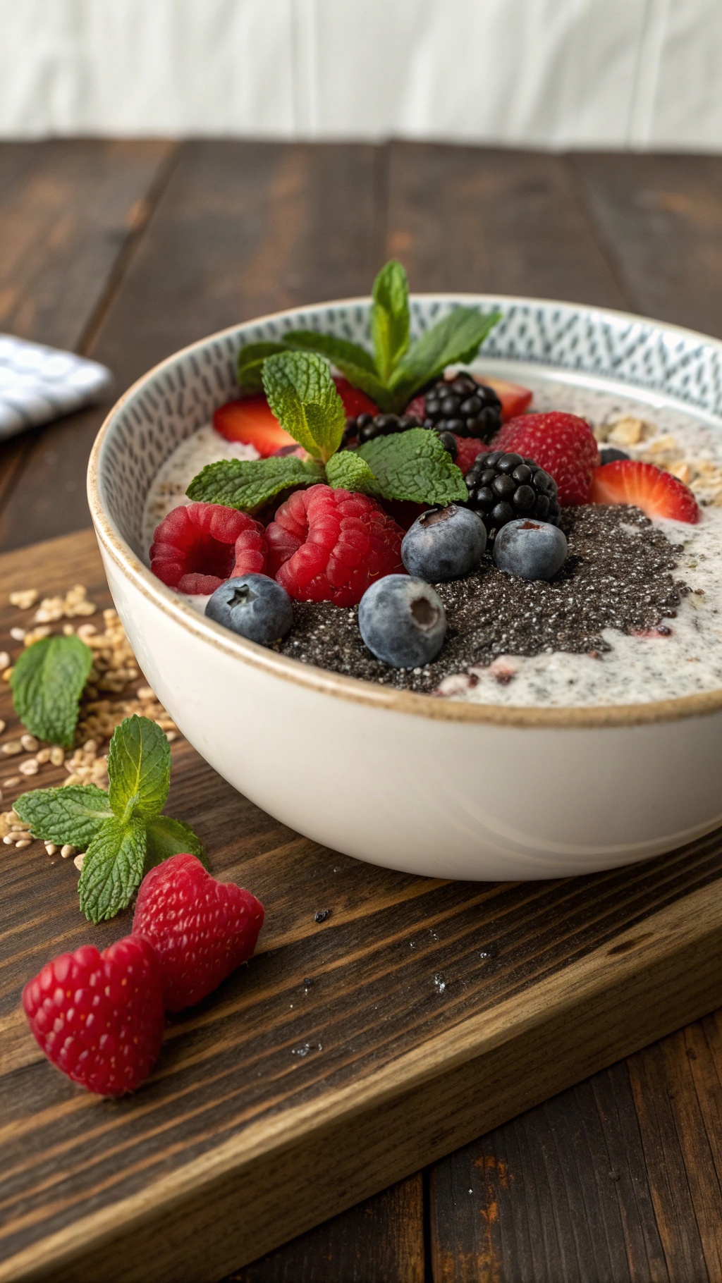 A bowl of classic vanilla chia pudding topped with fresh berries and mint leaves