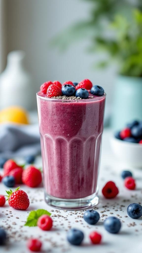 A refreshing berry and chia seed smoothie in a glass, topped with fresh berries and chia seeds.