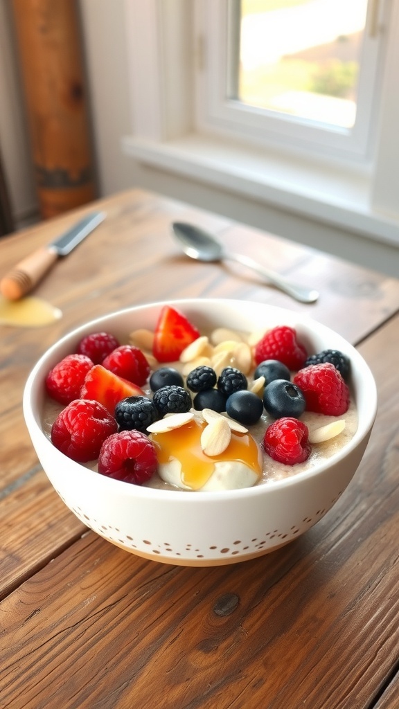 A bowl of overnight oats topped with fresh berries and almonds, sitting on a wooden table.