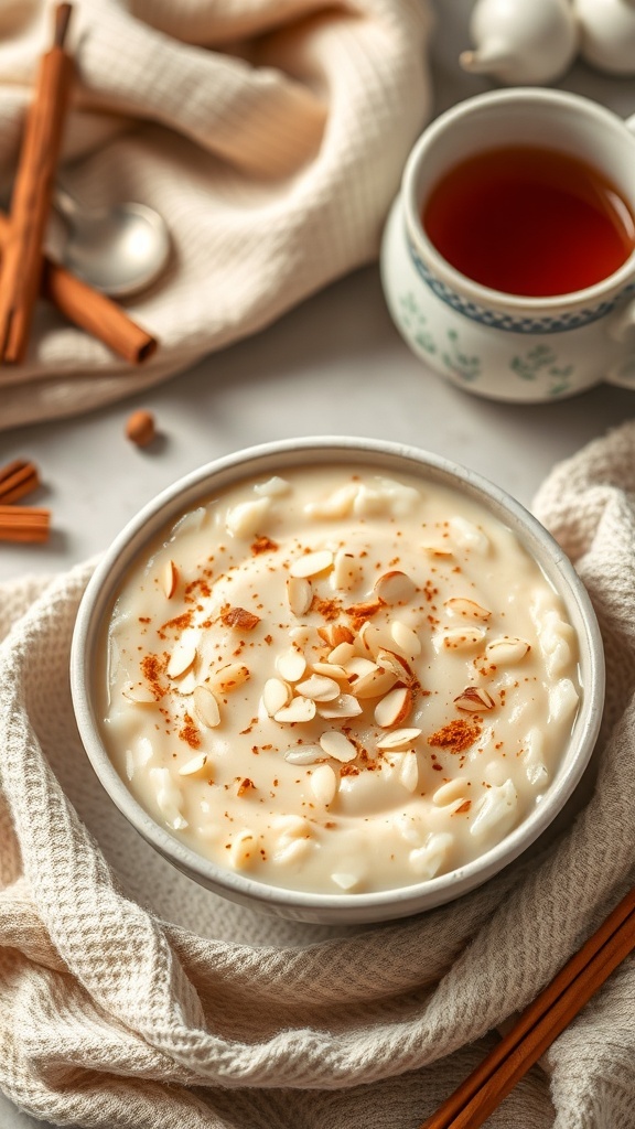 A bowl of creamy rice pudding topped with slivered almonds and cinnamon, with a cup of tea in the background.