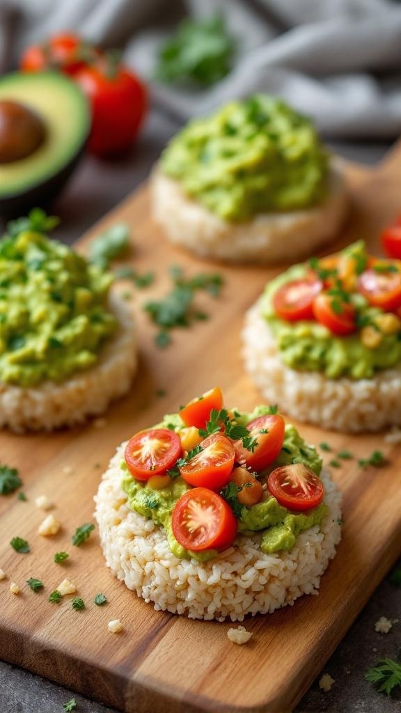 Rice cakes topped with avocado and cherry tomatoes on a wooden board