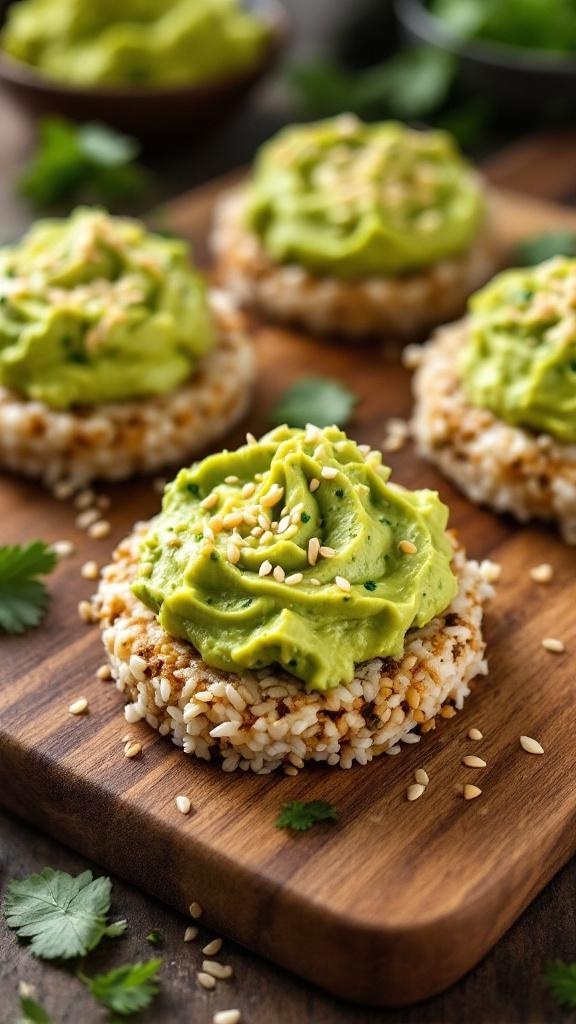 Rice cakes topped with avocado and sesame seeds on a wooden board
