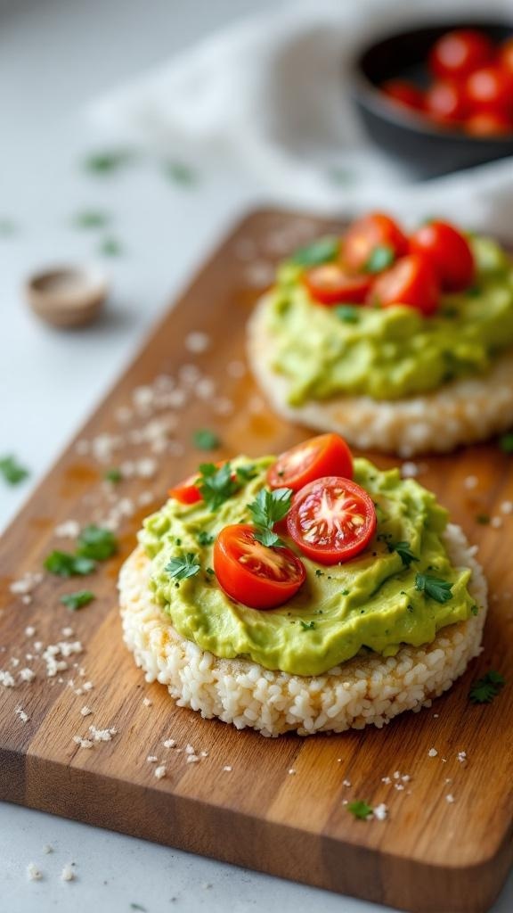 Rice cakes topped with smashed avocado, cherry tomatoes, and herbs on a wooden board.