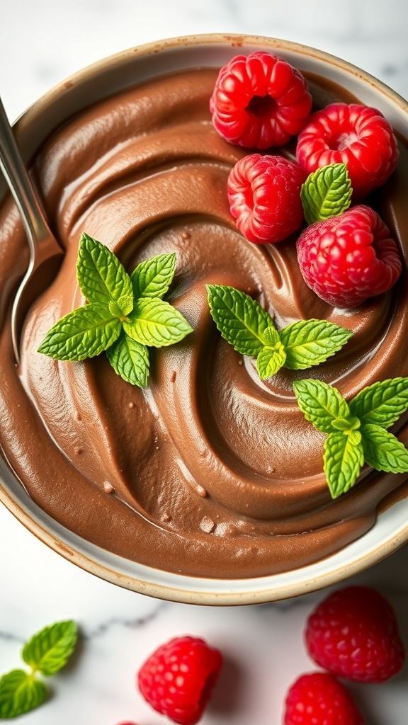 A bowl of rich avocado chocolate mousse topped with fresh raspberries and mint leaves.