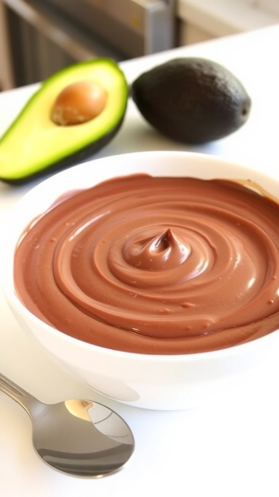 A bowl of rich and creamy avocado chocolate pudding topped with mint leaves, with an avocado in the background.