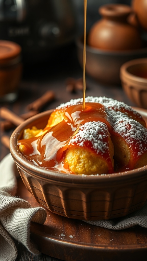A bowl of rich bread pudding topped with caramel sauce and powdered sugar.