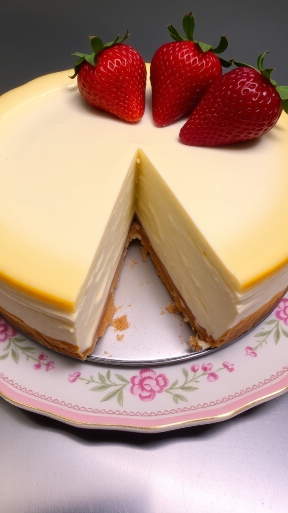 A rich and creamy cheesecake topped with strawberries on a decorative plate.