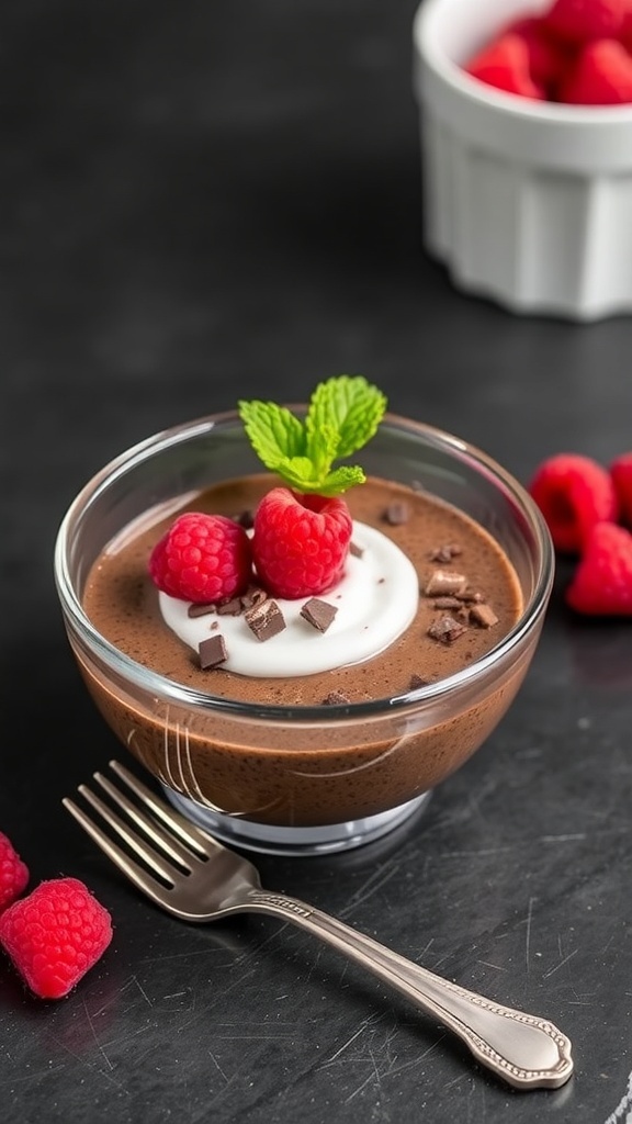 A bowl of rich chocolate raspberry chia pudding topped with fresh raspberries and mint leaves.