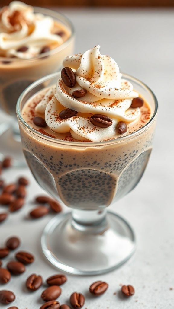 A glass of rich coffee chia seed pudding topped with whipped cream and cocoa powder, surrounded by coffee beans.