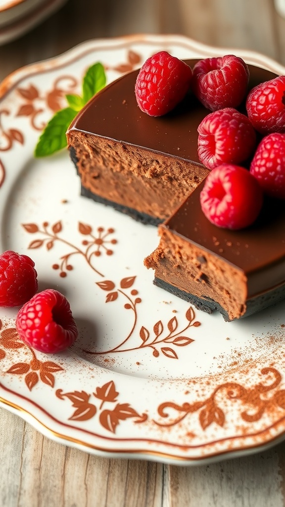A rich and creamy keto chocolate cheesecake topped with raspberries on a decorative plate.