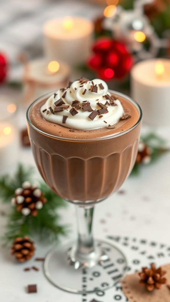 A glass of rich and creamy keto chocolate mousse topped with whipped cream and chocolate shavings, surrounded by festive decorations.