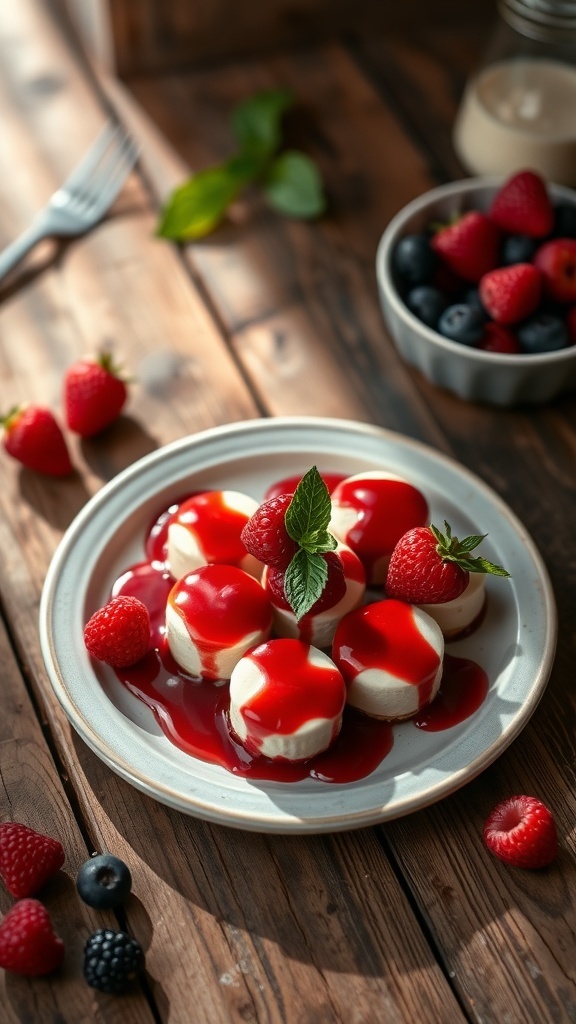 Low-sugar cheesecake bites topped with raspberry sauce and fresh berries on a wooden table.