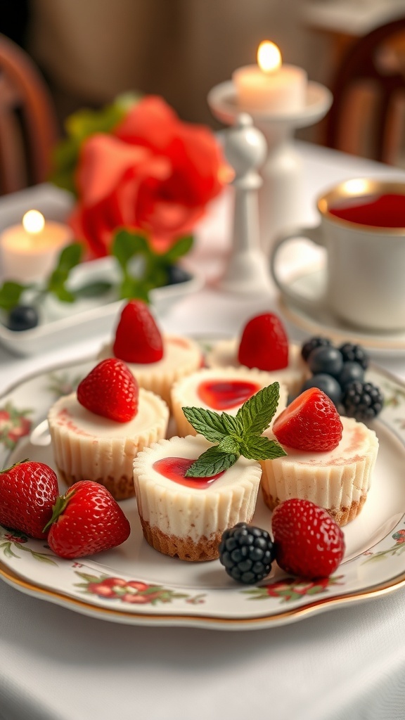 A plate of low-sugar cheesecake bites topped with strawberries and blueberries, surrounded by candles and a rose.