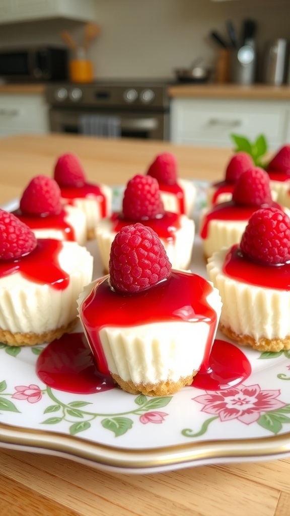 No bake cheesecake bites topped with raspberries and fruit sauce