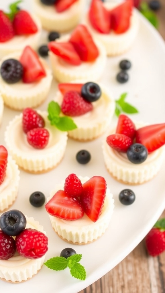 No-bake cheesecake bites topped with fresh berries on a white plate.