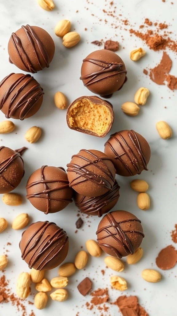 Peanut butter chocolate fat bombs arranged on a marble surface with peanuts and cocoa powder.