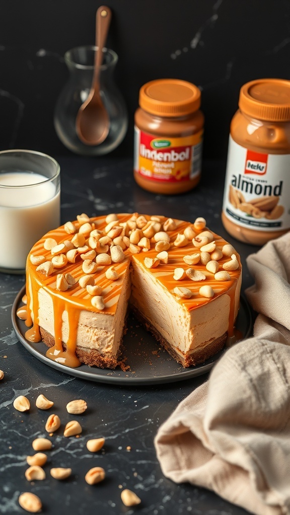 A rich and creamy peanut butter vegan cheesecake topped with peanuts and a drizzle of peanut butter.