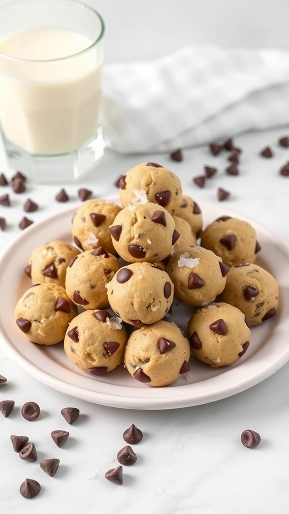A plate of low-carb chocolate chip cookie dough bites with chocolate chips scattered around.