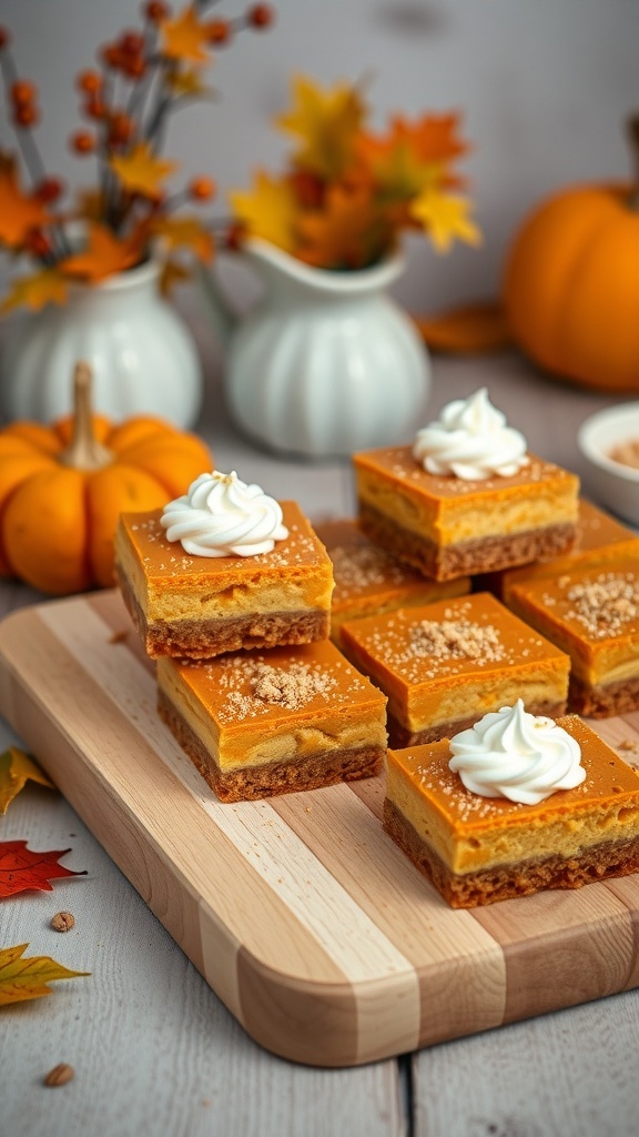 Pumpkin cheesecake bars on a wooden board, decorated with fall leaves and pumpkins.