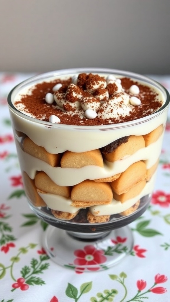 A rich and creamy tiramisu trifle layered with ladyfingers and mascarpone, topped with cocoa powder and festive decorations.