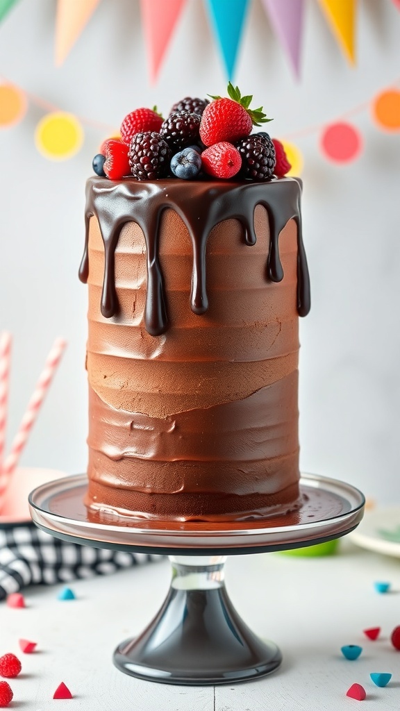 A rich vegan chocolate cake topped with fresh berries and chocolate ganache, perfect for celebrations.