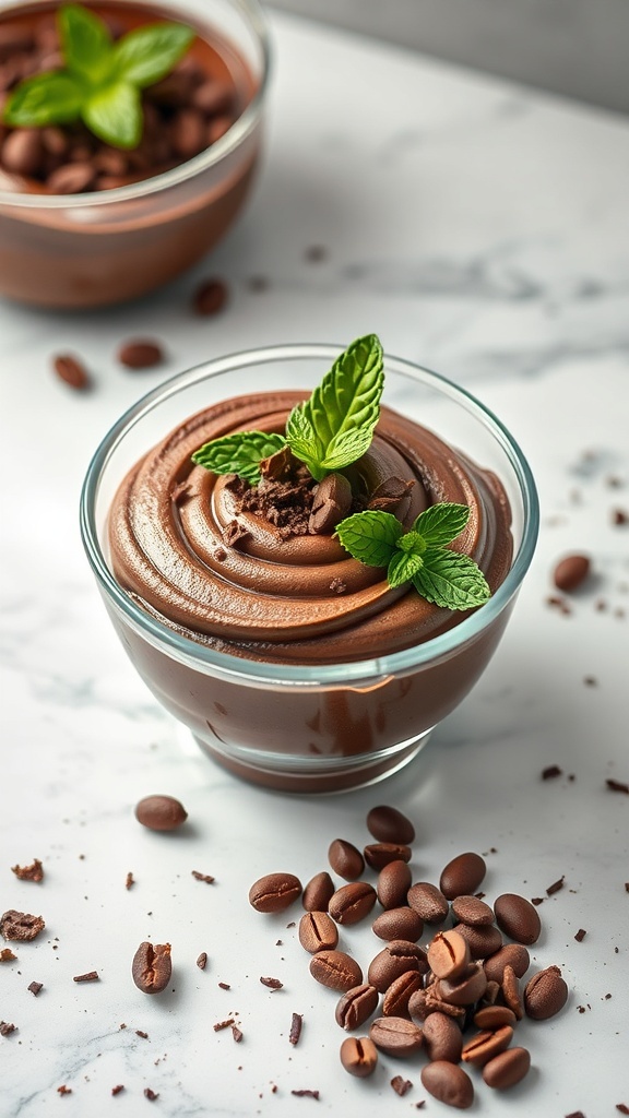 A rich and creamy vegan chocolate mousse topped with mint leaves, served in a glass bowl with scattered coffee beans.