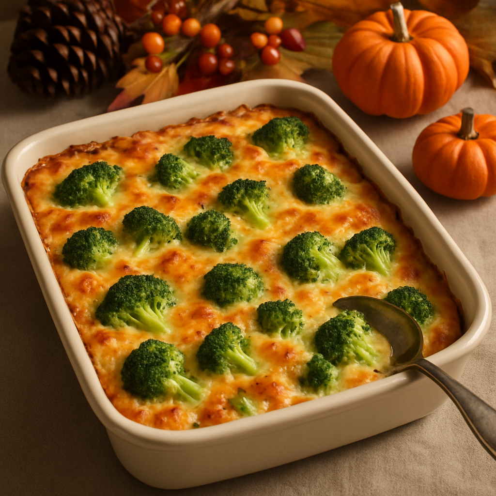 A delicious broccoli casserole topped with cheese, served in a baking dish.