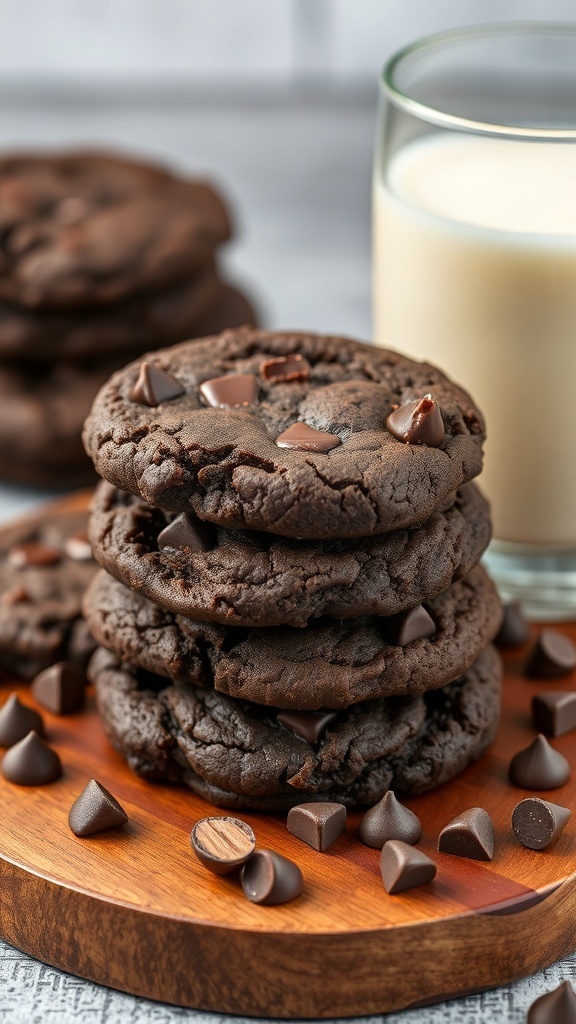A stack of rich dark chocolate chip cookies on a wooden plate, with chocolate chips scattered around and a glass of milk in the background.